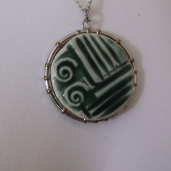 New Handcrafted Green Geometric Ceramic Pendant OOAK Gift - Picture 3 of 5